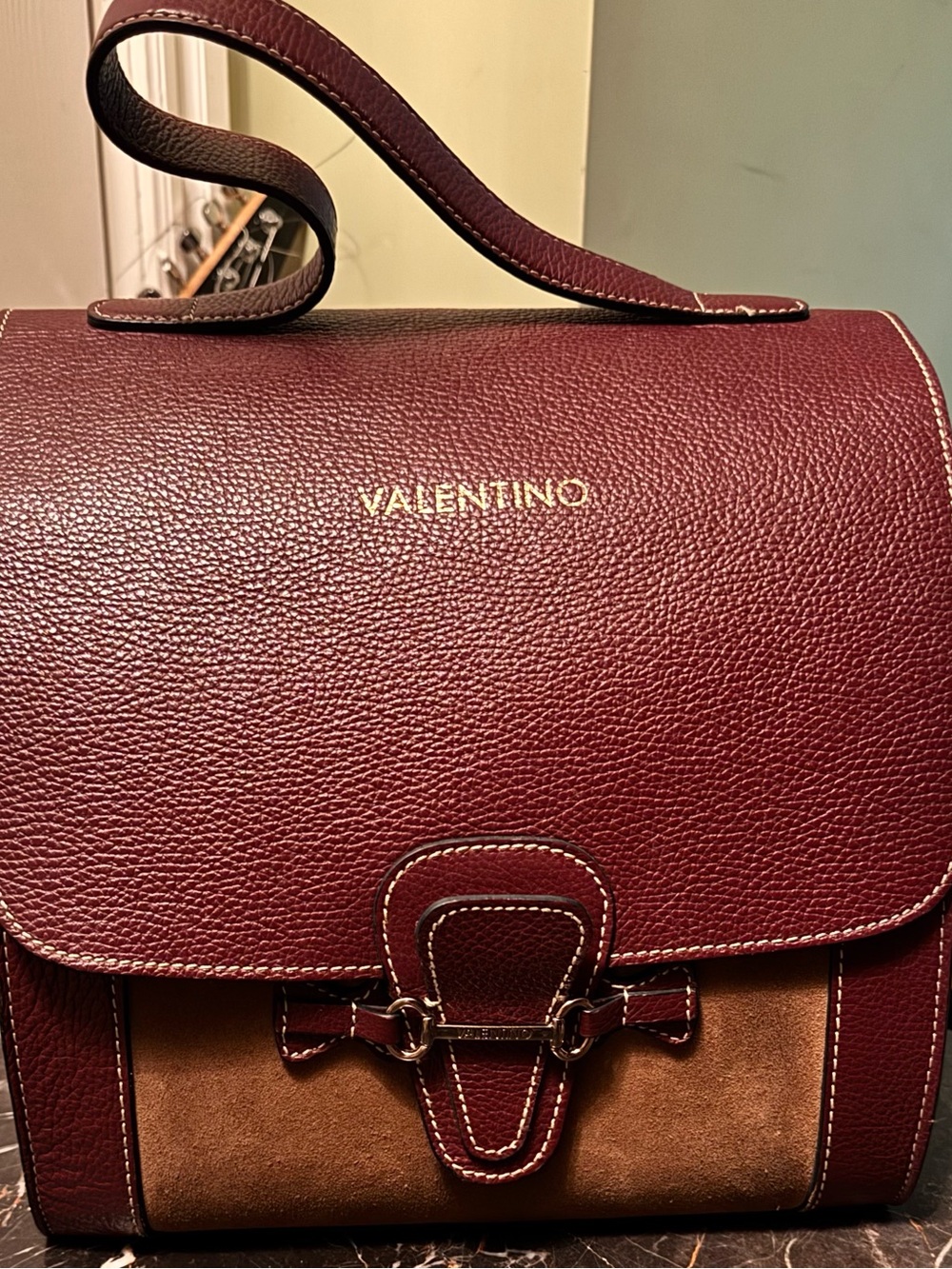 Valentino Burgundy and Tan Leather Messenger Bag